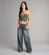 Lace Me Up Strapless Denim Halter Top