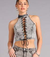 Confidence On Cue Lace-Up Denim Crop Top