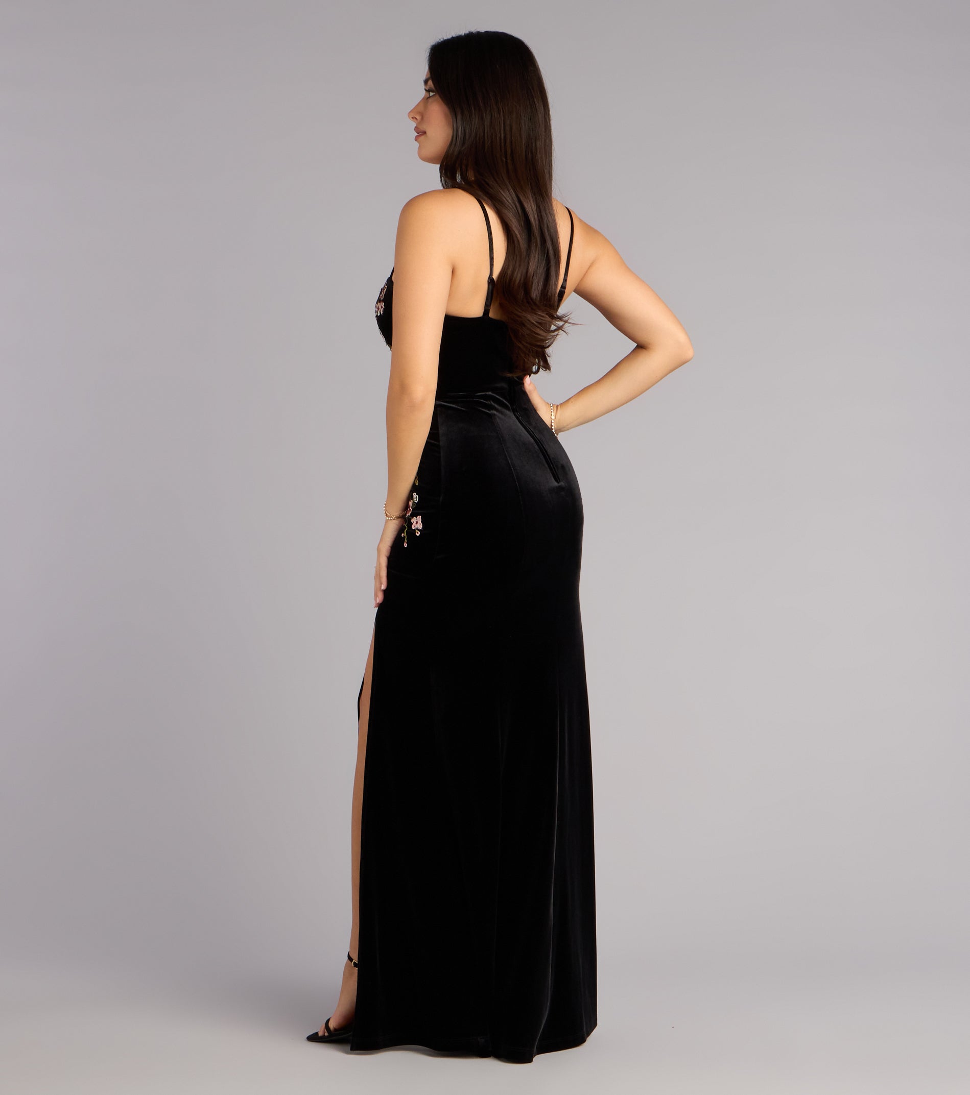 Mira Velvet Floral Appliqué Formal Dress