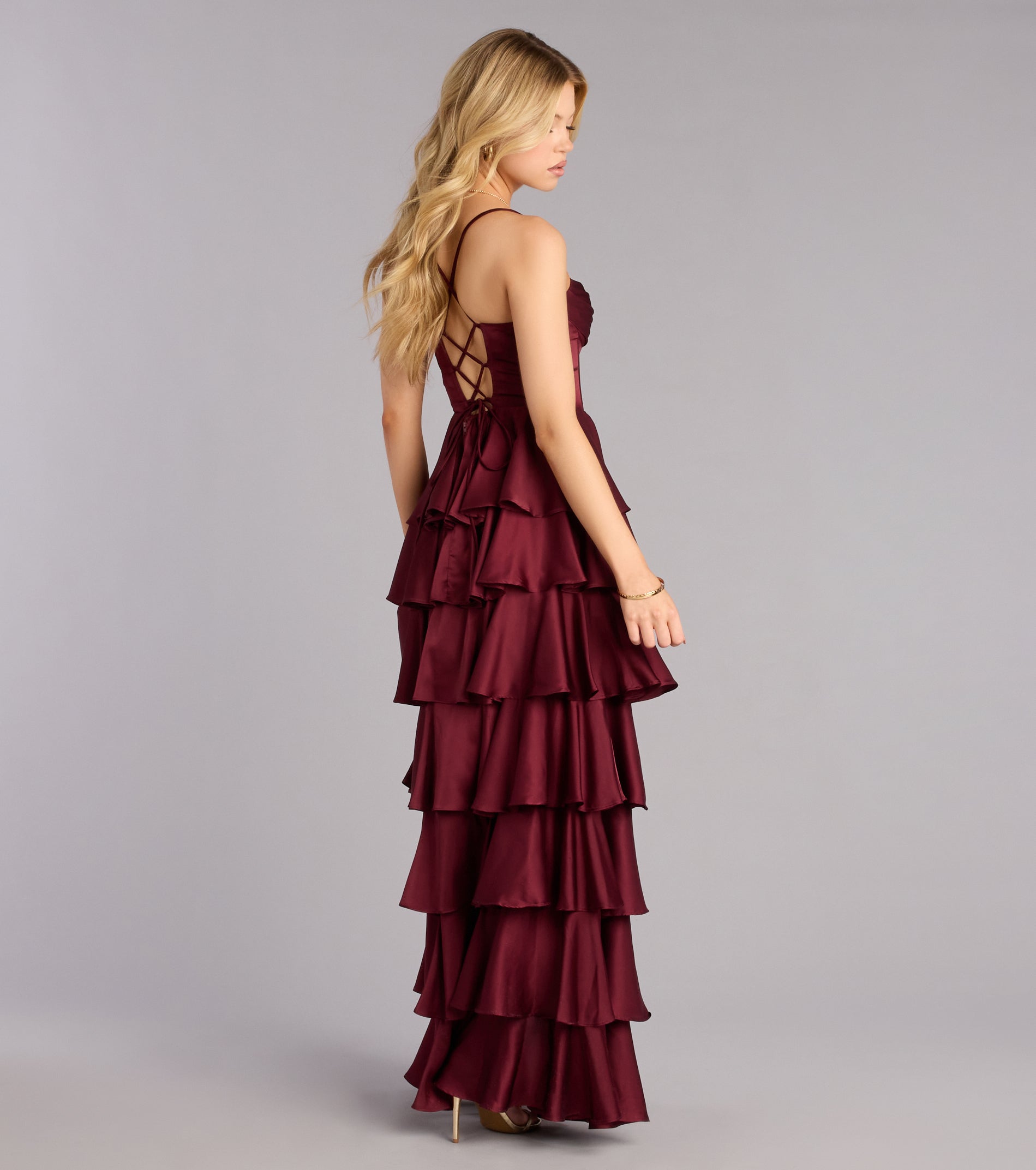 Rose Satin Ruffle A-Line Formal Dress