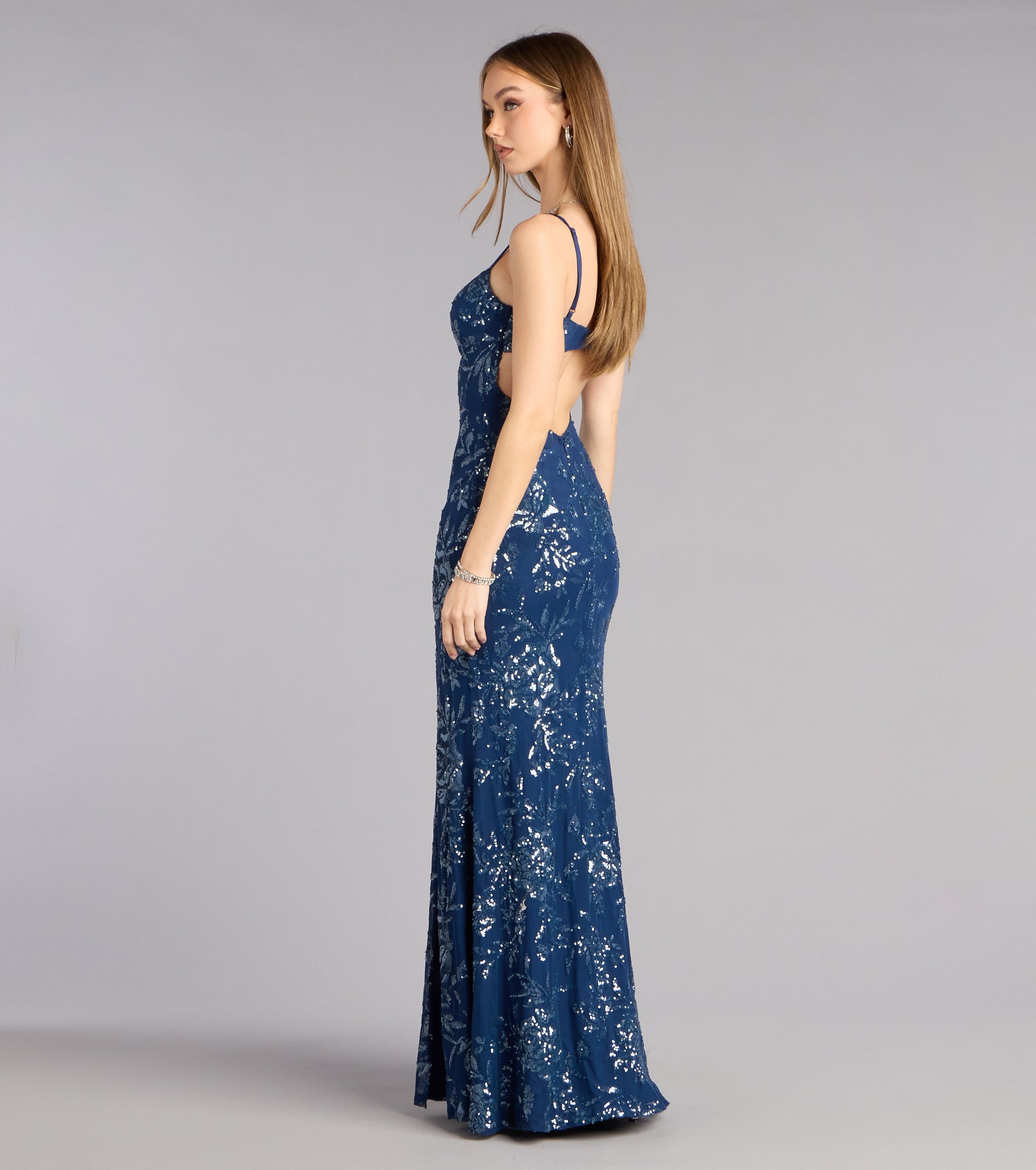 Lilyanna Floral Sequin Slit Formal Dress