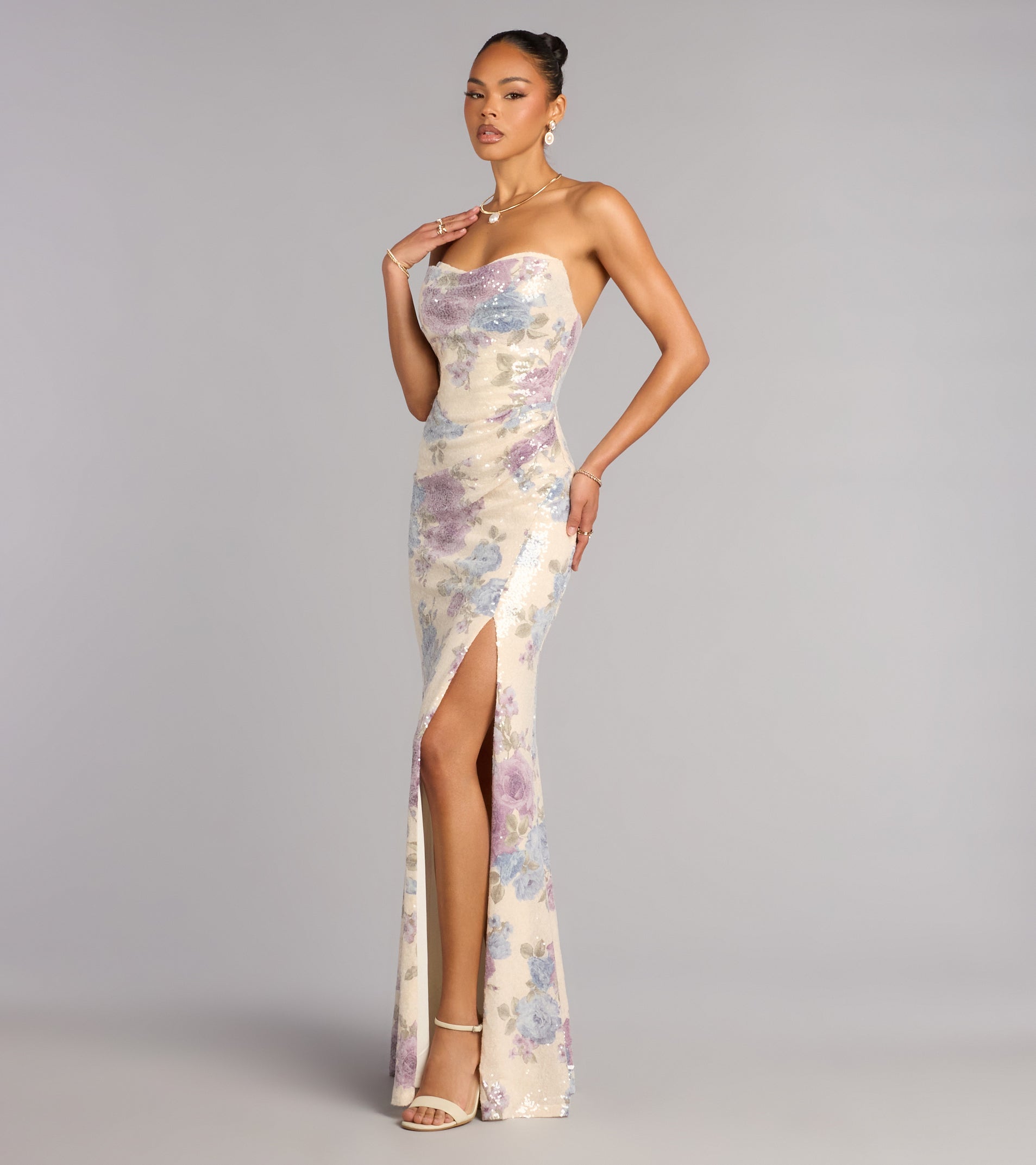 Tina Sequin Floral Slit Formal Dress