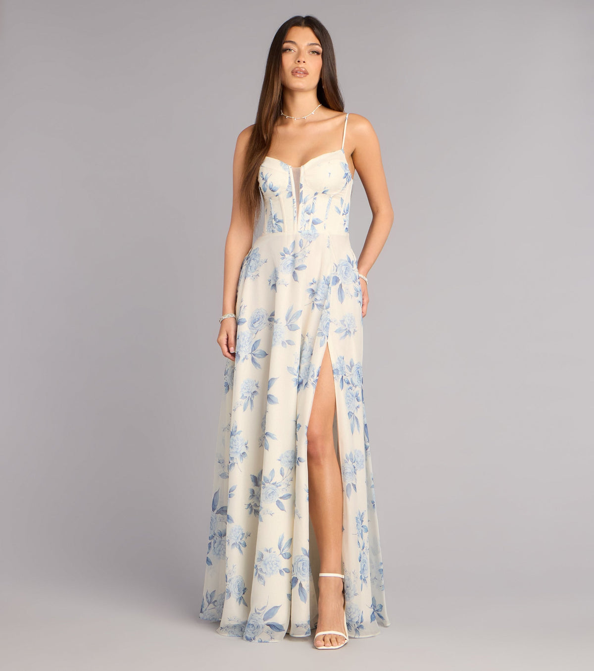 Kensie Floral Chiffon Slit Formal Dress