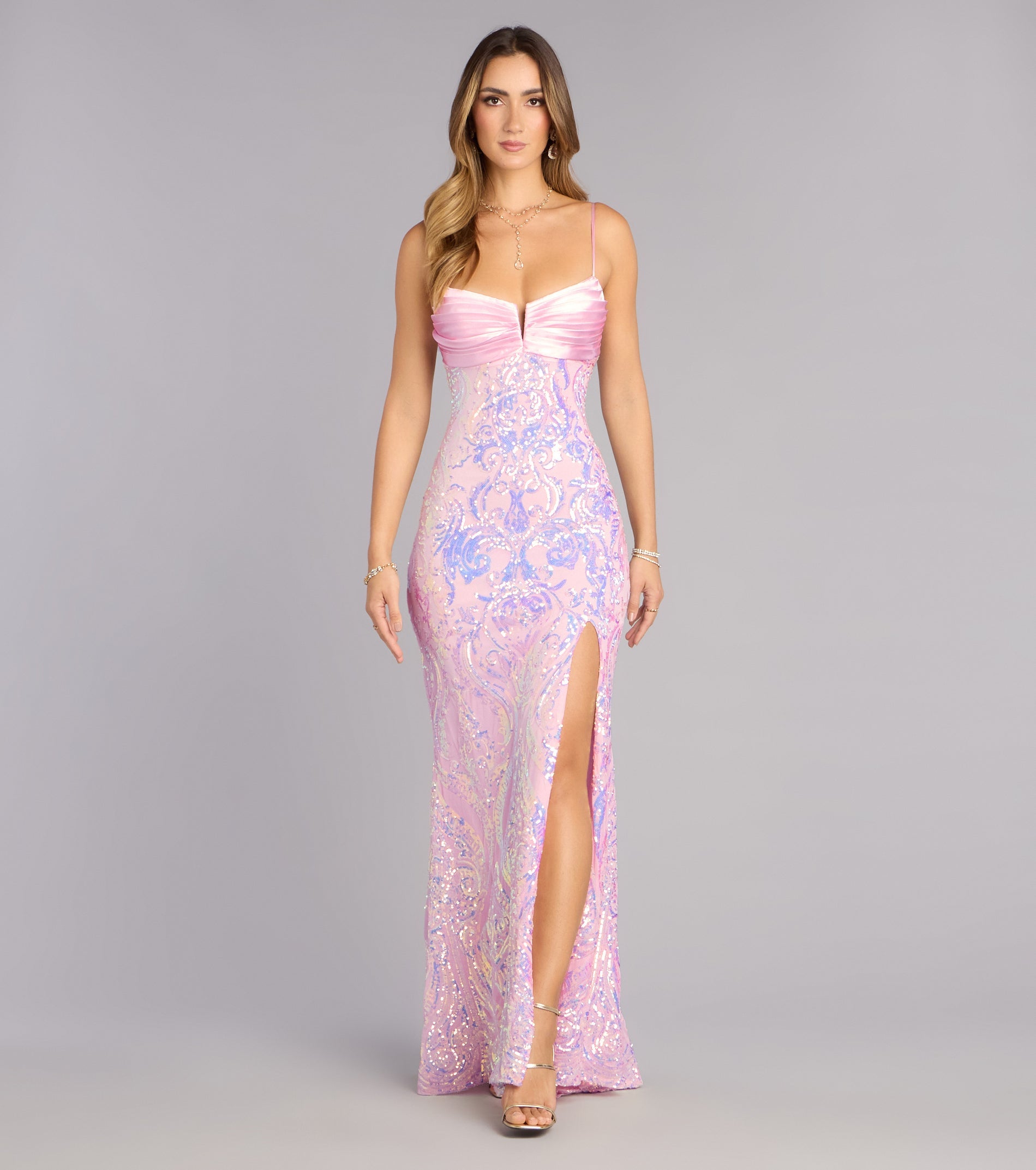 Leslie Sequin Slit Formal Dress