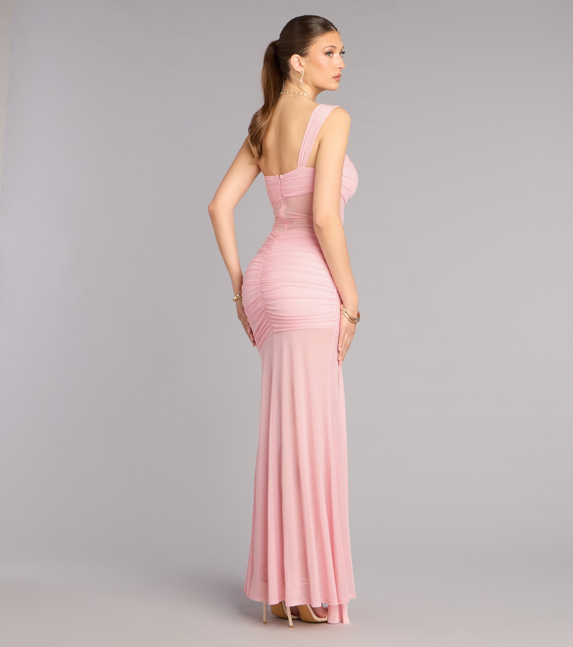 Caterina Mesh One-Shoulder Formal Dress