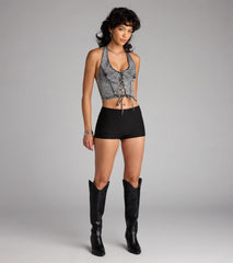 Laced Up And Unbothered Halter Denim Crop Top