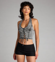 Laced Up And Unbothered Halter Denim Crop Top