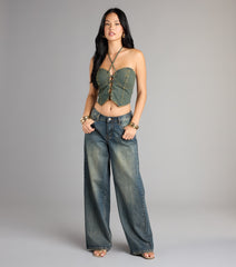 Lace Me Up Strapless Denim Halter Top