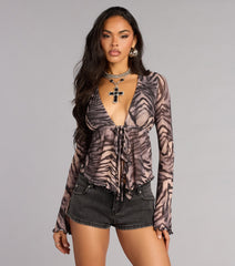 Wild Confidence Zebra Print Mesh Tie-Front Top