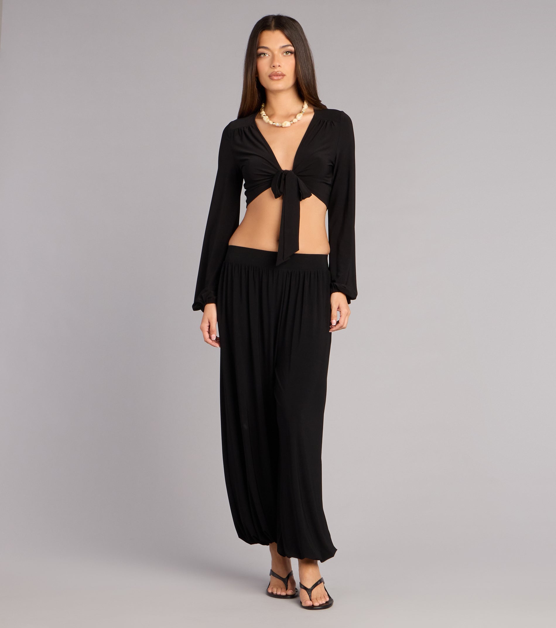 Weekend Mood Long Sleeve Tie-Front Crop Top