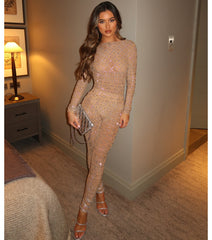 Iridescent Sparkle Rhinestone-Embellished Sheer Catsuit