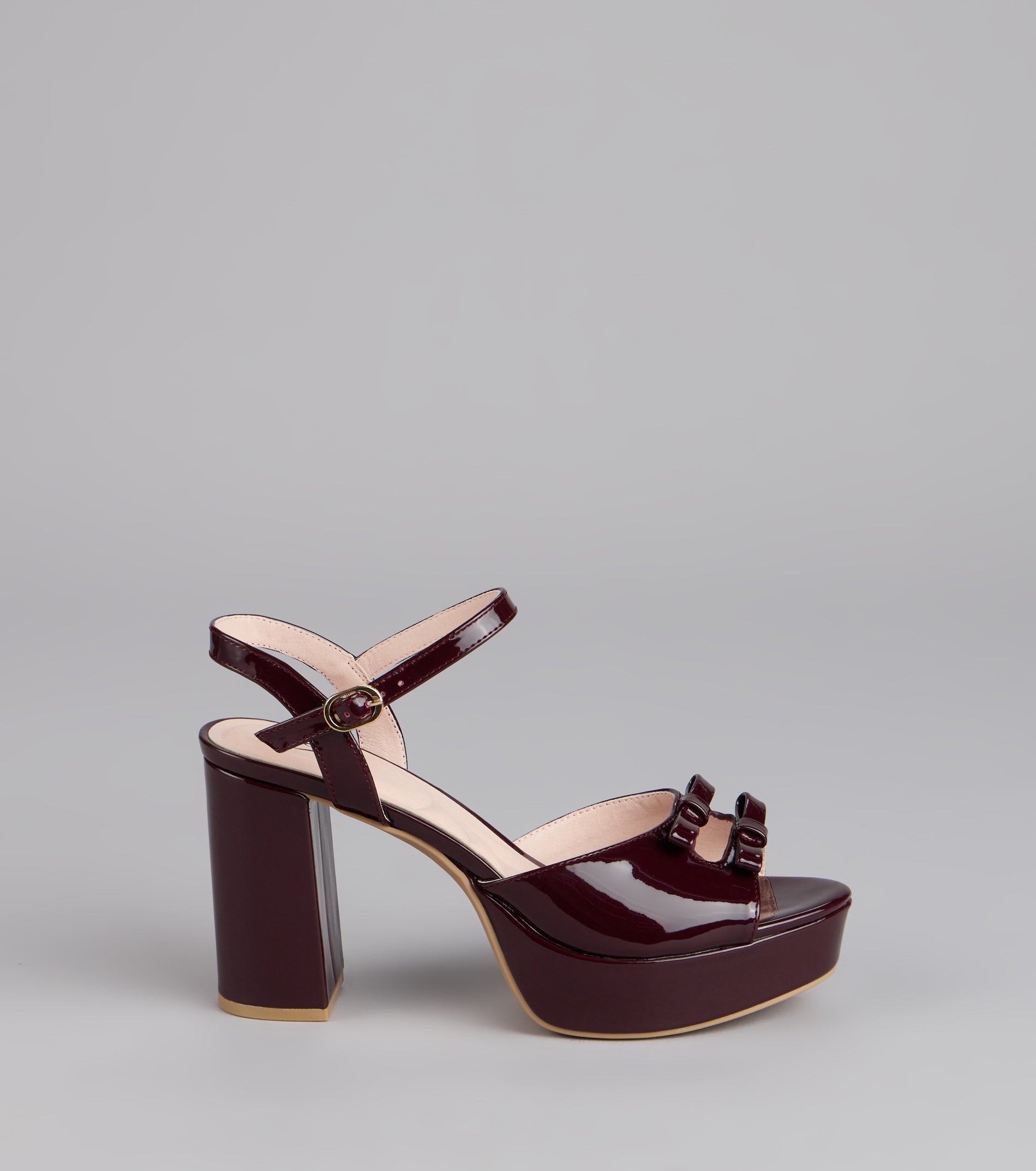 Glossy Finish Bow Platform Block Heels